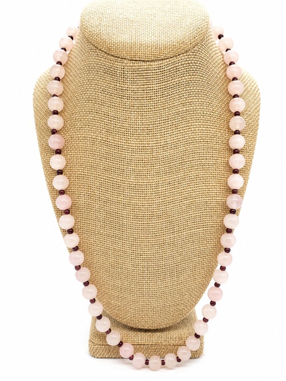 VINTAGE ROSE QUARTZ Necklace Garnet Beads 14K Gold Clasp 25" Natural Stone